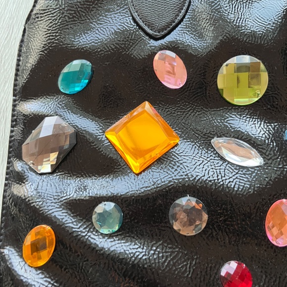 90s Large Tote Patent with Faceted Gemstones Black Zipper Lined Pockets Vintage - Picture 5 of 15